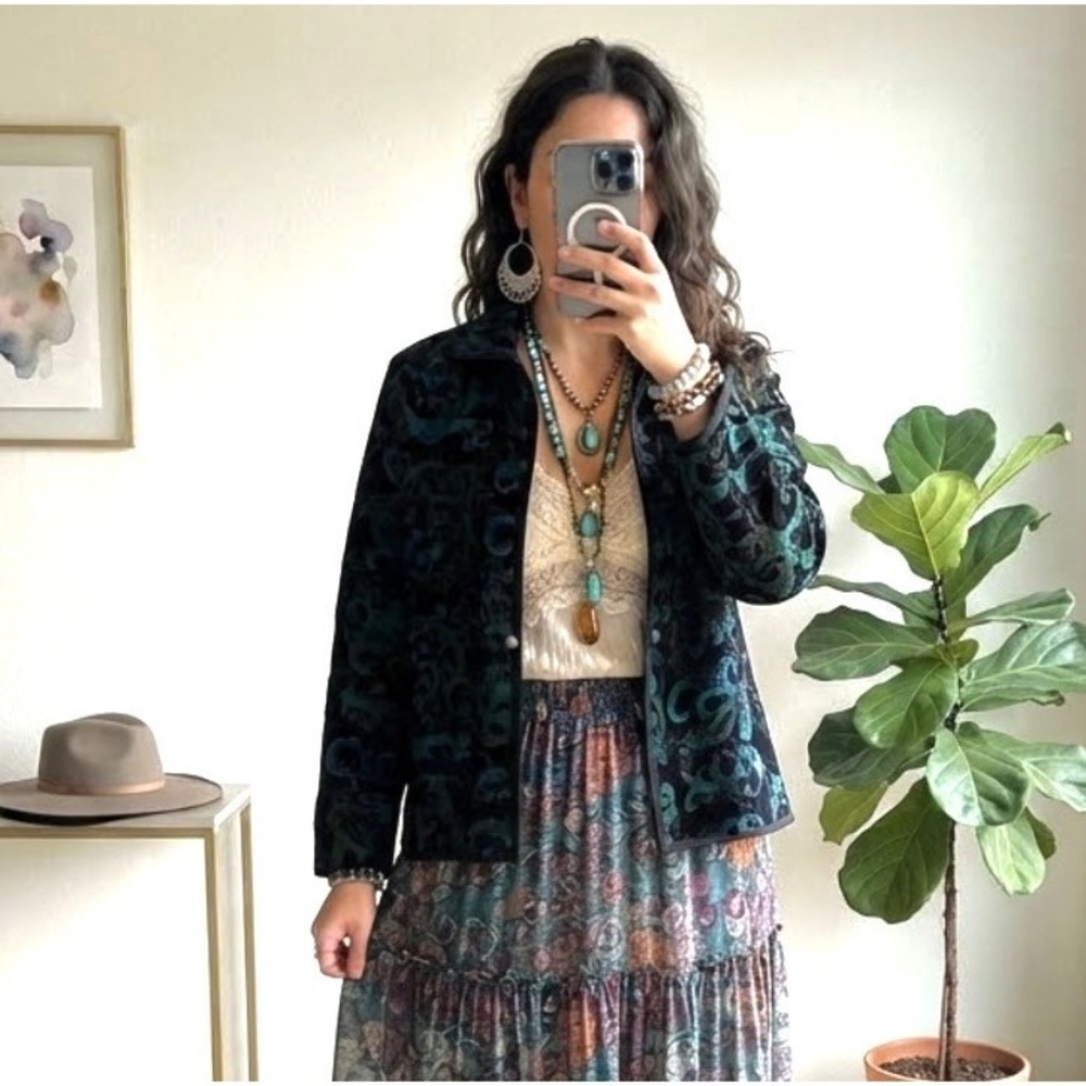 VTG Coldwater Creek Women M Tapestry Jacket Teal Black Green Damask Artsy Blazer